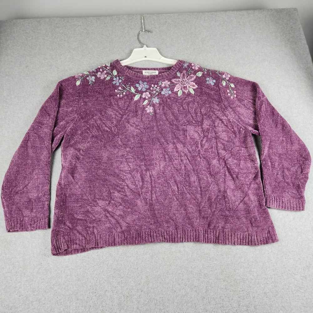 Alfred Dunner Sweater Womens 3X Purple Chenille Knit Acrylic Embroidered Floral